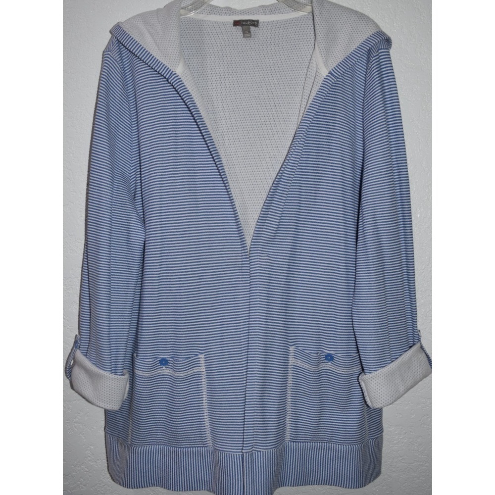 T by Talbots Hoodie Jacket  XL Blue White Open Front Tab Slv Pockets Lightweight